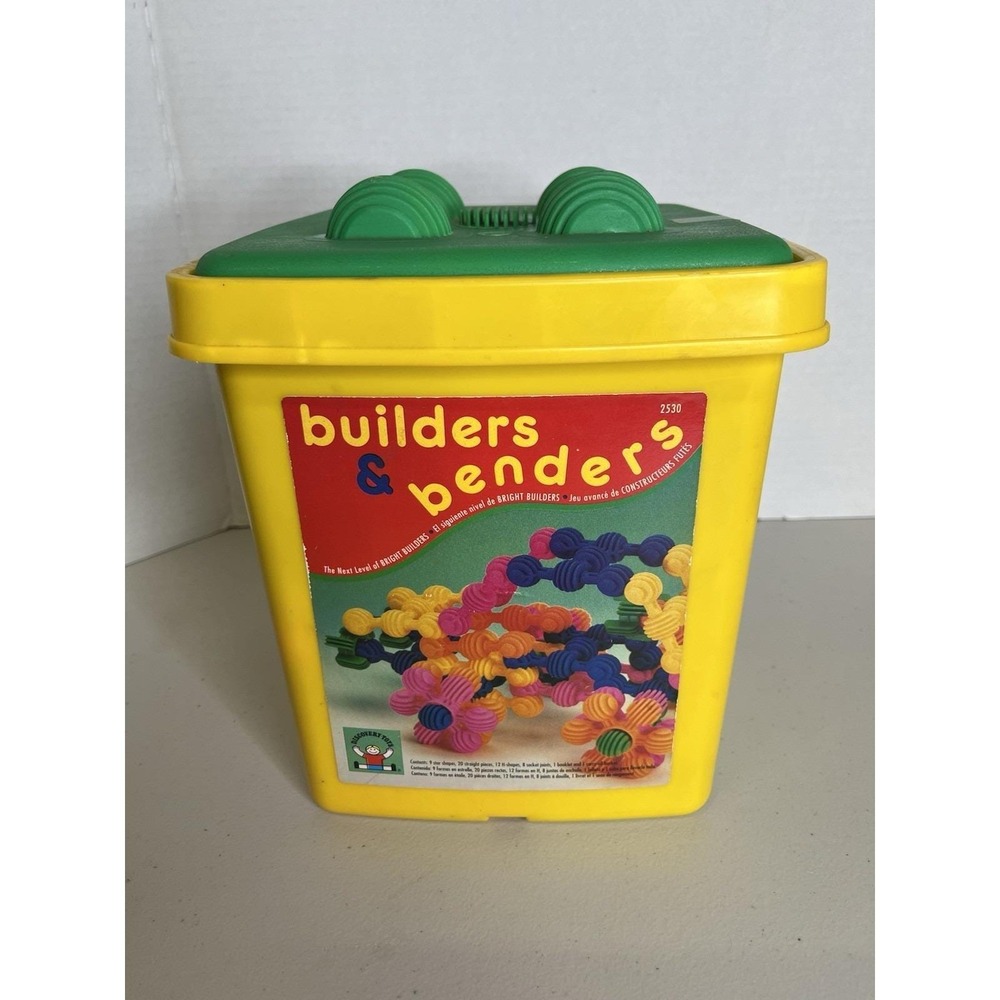Vintage Discovery Toys Builders, Benders & More 49 Pieces with Bucket & Lid